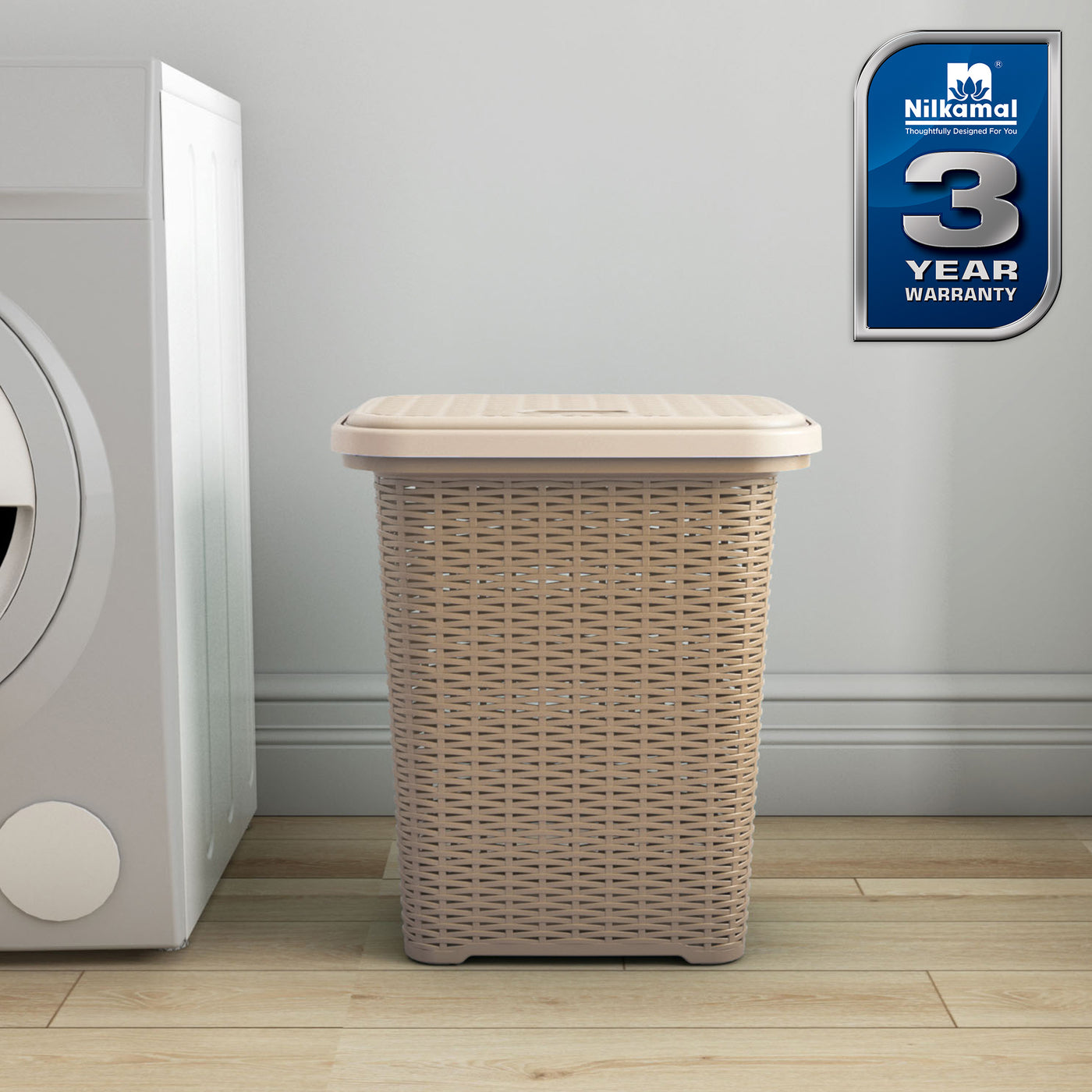 Nilkamal Elegance Laundry Basket 50 Litre with Lid (Sandy Brown & Marble Cream)