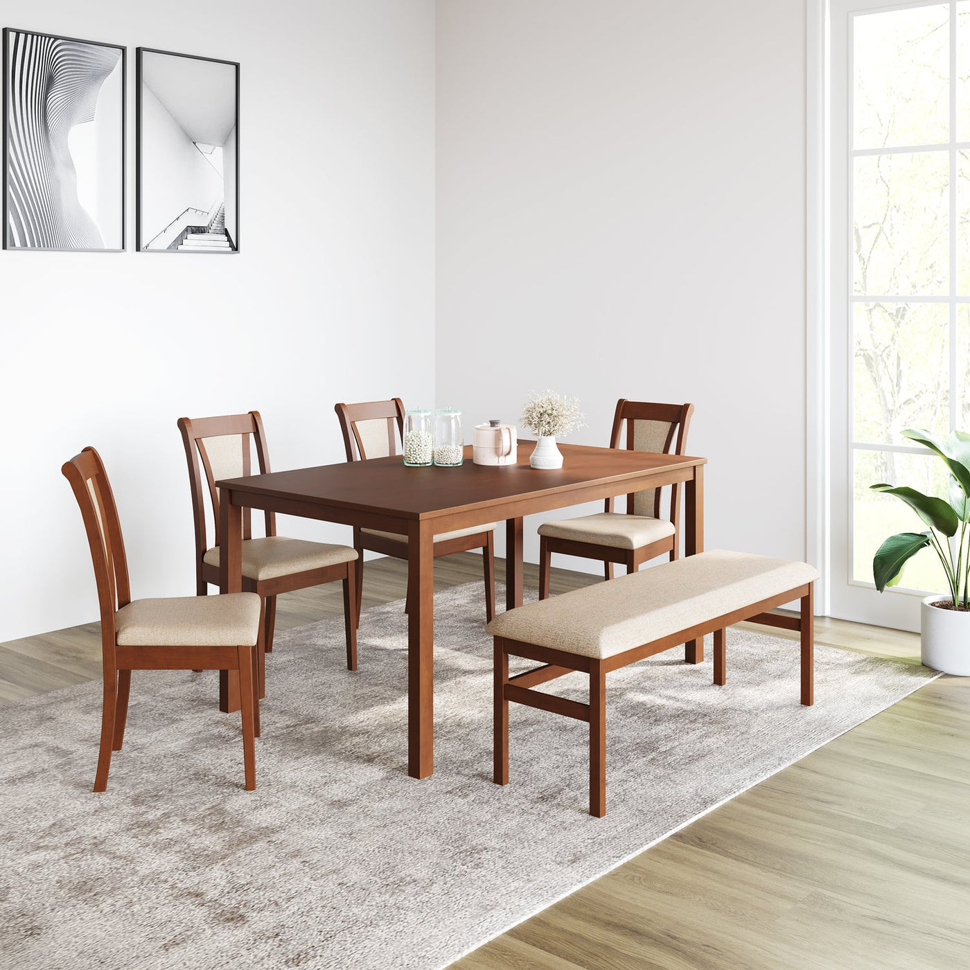 Nilkamal Jewel Six Seater Dining Set With Bench (Walnut)