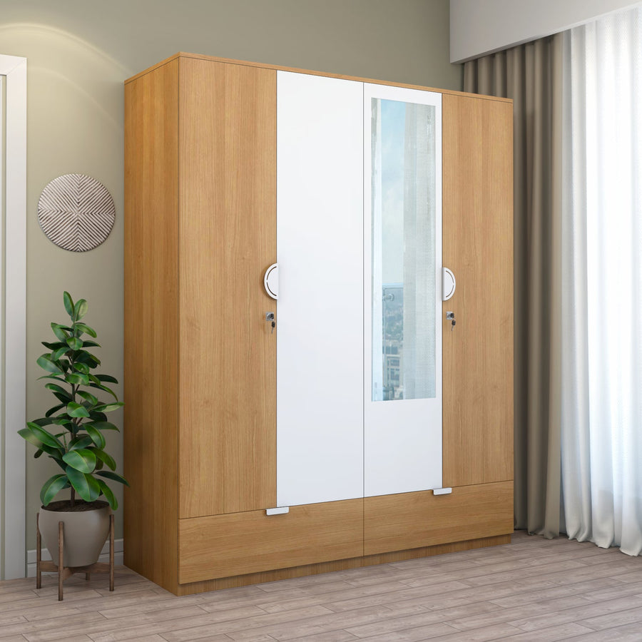 Nilkamal Indio 4 Door Wardrobe With Mirror (Teak & White)