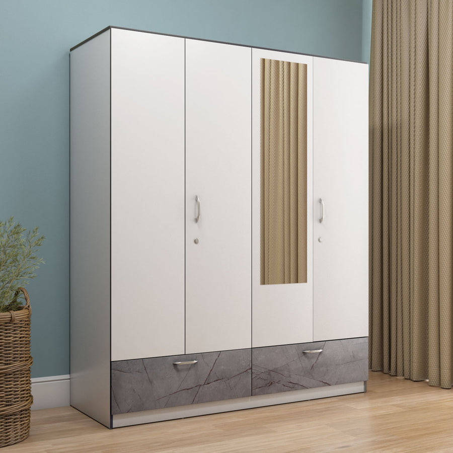 Nilkamal Marbito 4 Door Wardrobe With Mirror (White)