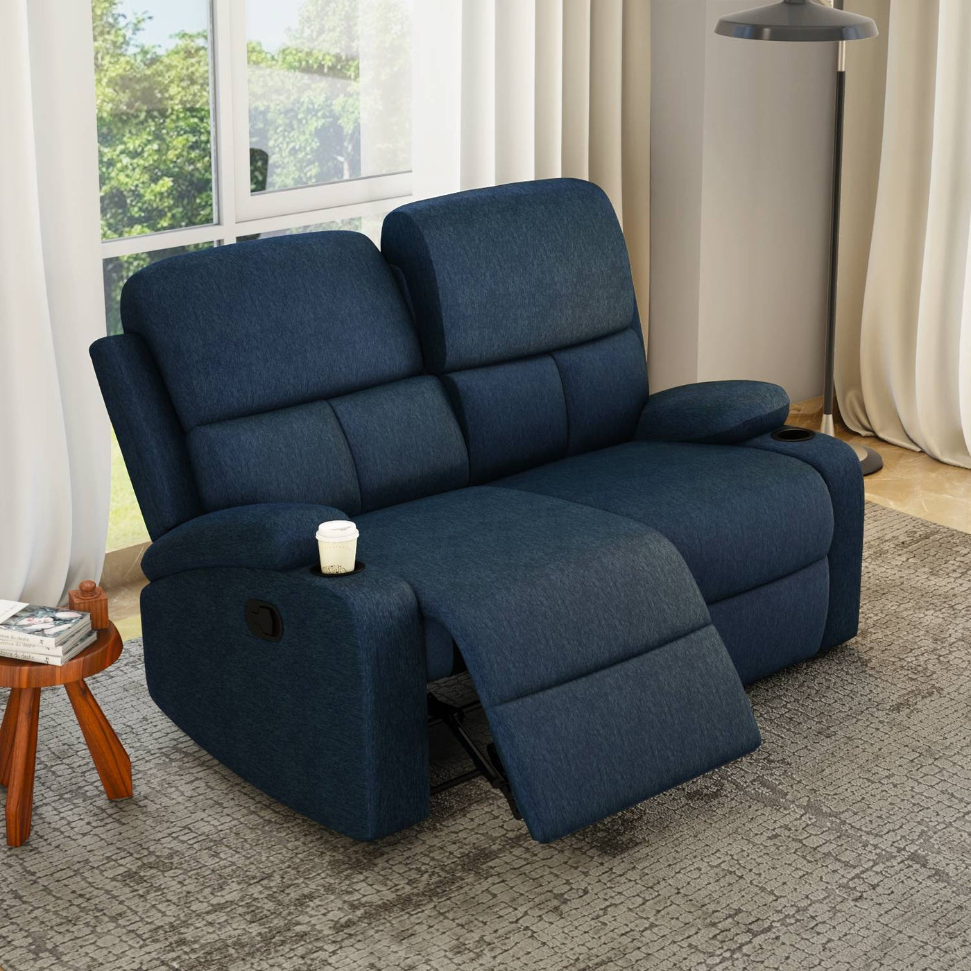 Nilkamal Matt 2 Seater Recliner Sofa with Cup Holder (Blue)