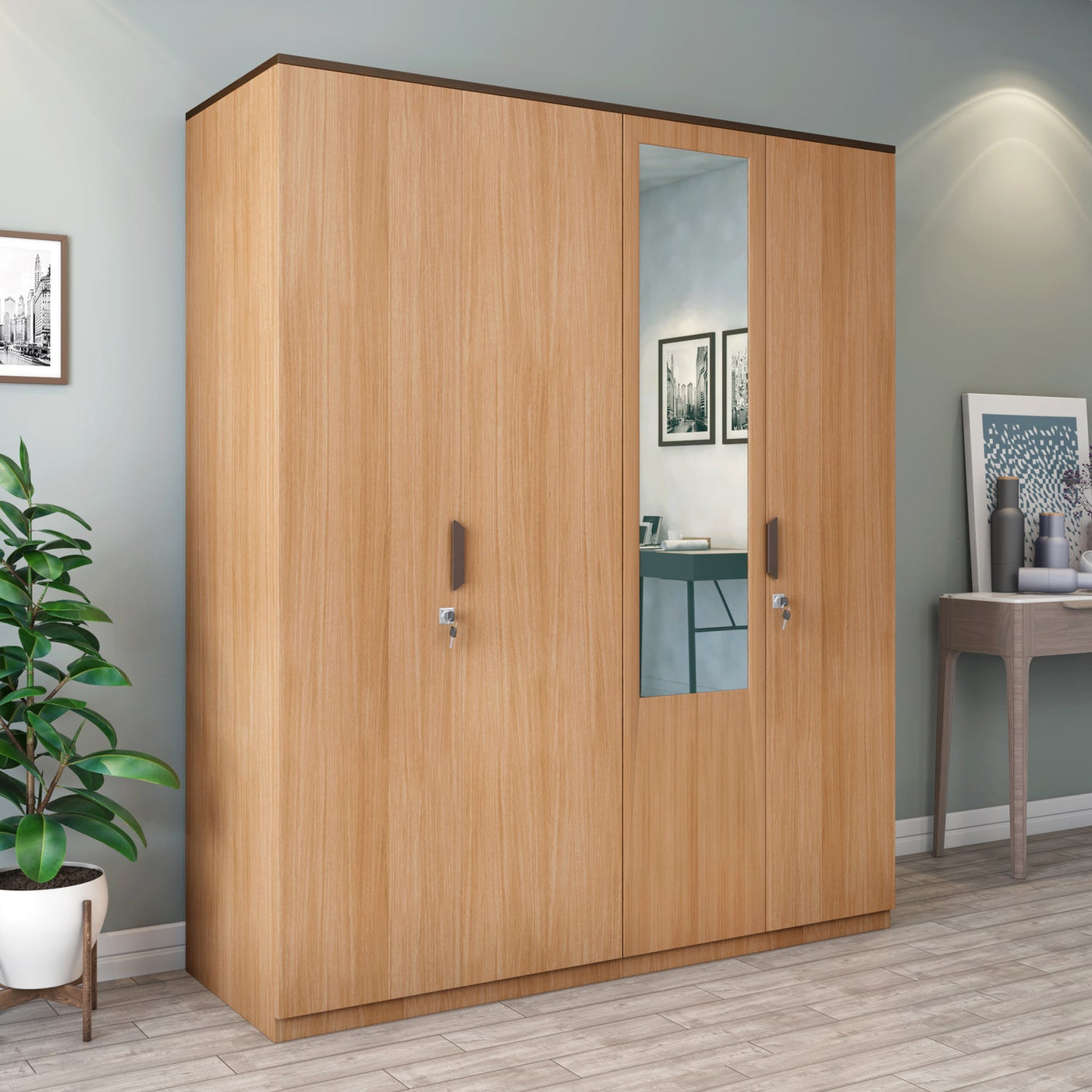 Nilkamal Milford 4 Door Wardrobe With Mirror (Urban Teak)