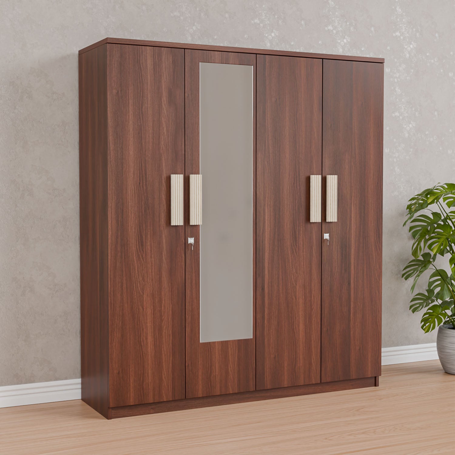Nilkamal Rova 4 Door Wardrobe with Mirror (Walnut) - Nilkamal Furniture