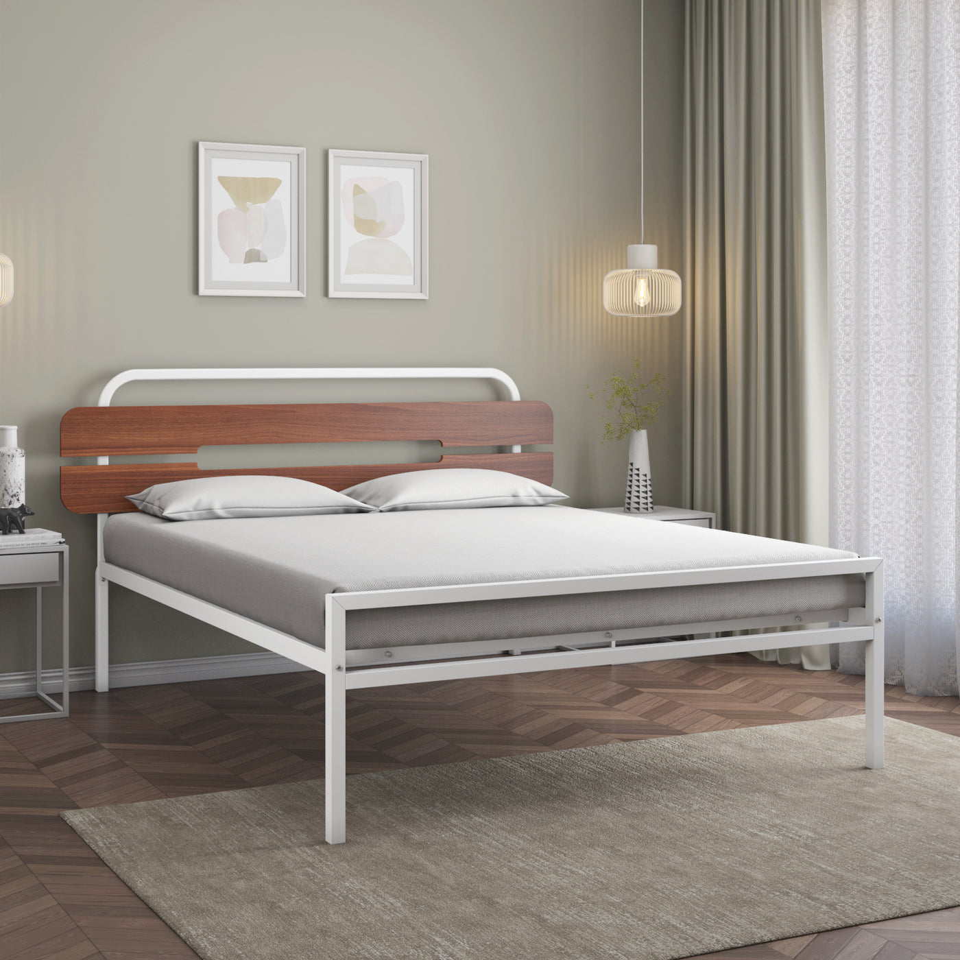 Nilkamal Nova Metal King Bed (Ivory/Walnut)